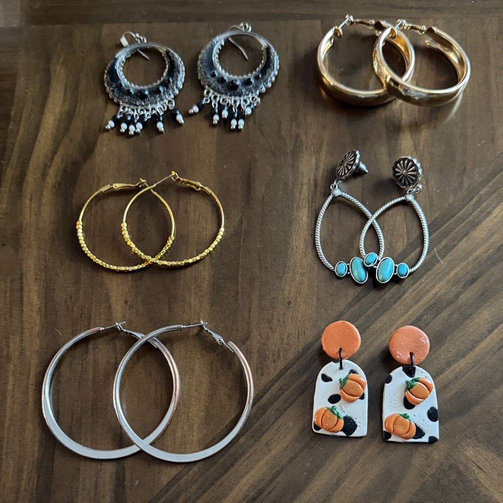 Huge Boho & Western Earring Lot | 6 Pairs | Turqouise, Hoops, Pumpkins
